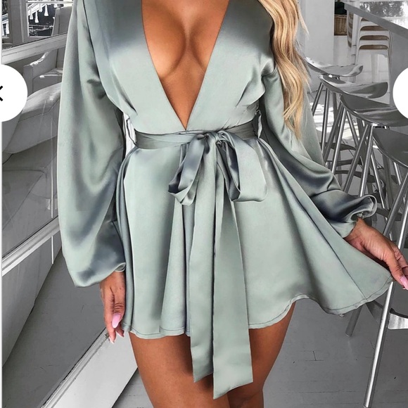 SAGE GREEN SATIN ROMPER - Picture 3 of 4